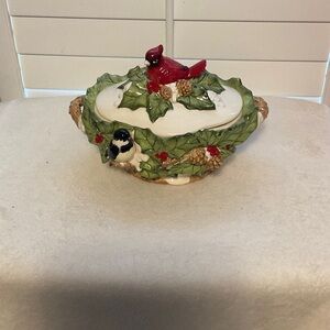 Cracker Barrel Holiday Decor with Red Cardinal and Green Holly